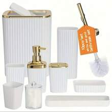 10 piezas Juego de accesorios de baño - Incluye soporte para cepillo de dientes, vaso para enjuague bucal, dispensador de jabón, bandeja, jabonera, dispensador de jabón, papelera de tipo prensa y soporte para cepillo de baño - Material de plástico duradero, perfecto para la decoración del baño moderno, construcción de plástico, juego de baño de hotel, regalo de inauguración de la casa