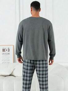 2pcs Men's Plus Size Casual Loose Minimalist Pullover Sweatshirt With Pockets & Plaid Lounge Pants Pajama Set, Suitable For Spring, Autumn, Winter, Valentine's Day Gift