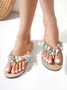 Fashionable & Versatile Women's Natural Seashell, Starfish & Faux Pearl Pendant, Woven Design Flat Casual Beach Sandals Women's Soft Bottom Non-Slip Flat Flip Flops, Suitable For Women And Girls, Summer Beach - Multicolor - View 4