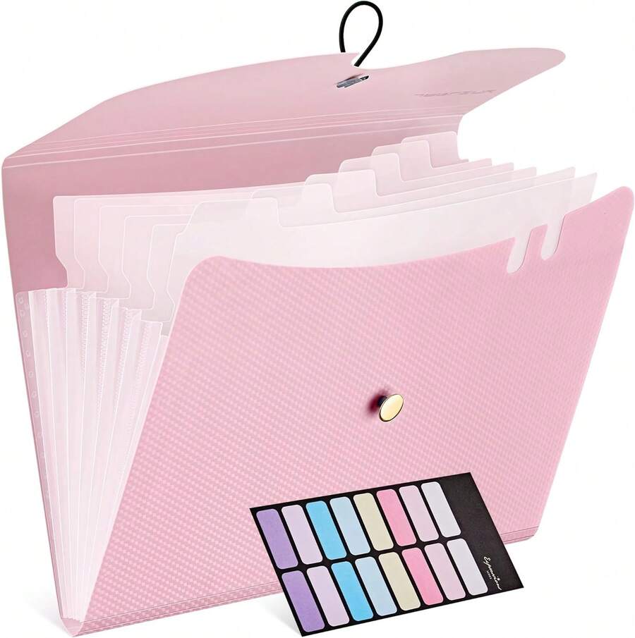 JARLINK Pockets Expanding File Folder, A4 Size Accordion File Folders With 12 Labels, Cute Paper Organizer, Portable Document Organizer Home College School Office Supplies, Macaron Pink