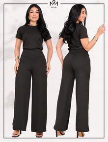 Women's Set Loose Pants Short Sleeve Blouse Elegant Casual Elegant Party Office Work Pantaloons - 綠色 - 查看 4