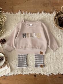 2 Stücke/Set Baby Jungen Lässig Pullover mit bestickten Buchstaben Rundhalsausschnitt Langarm und gestreifte Hose Set, Frühling/Herbst