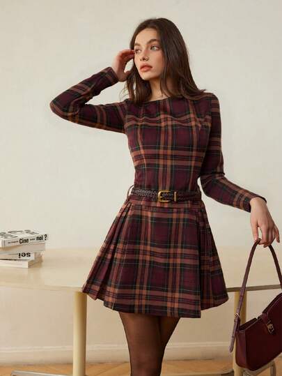 Vestido de manga larga a cuadros para mujer, casual y elegante, sin cinturón para primavera
