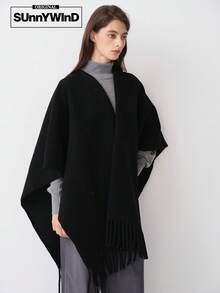 1 件女士纯色涤纶休闲保暖厚披肩，适合秋冬季日常使用 - 黑色 - 查看 4