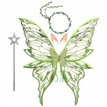 JEWELRYWE Large Fairy Wings Glitter Transparent Fairy Costume, Butterfly Wings Angel Elf Dress Accessories, Holiday Party Cosplay Dress Up, Fairy Magic Wand Garland Elf Ears - màu xanh lá - Xem 10