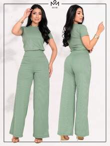 Women's Set Loose Pants Short Sleeve Blouse Elegant Casual Elegant Party Office Work Pantaloons - 綠色 - 查看 1