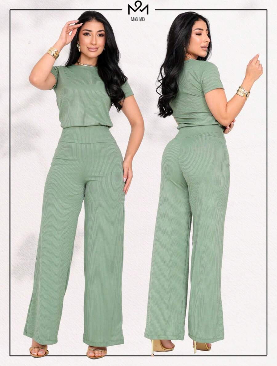 Women's Set Loose Pants Short Sleeve Blouse Elegant Casual Elegant Party Office Work Pantaloons - 綠色 - 查看 1