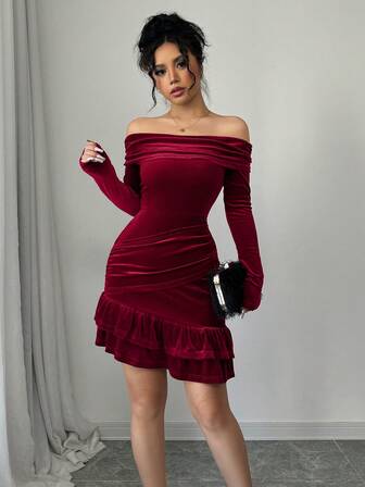 abyoxi Angora Red Color Elegant Off Shoulder Long Sleeve Ruffle Asymmetrical Hem Mini Dress With Velvet Fabric,Daily,Evening Party,Romantic,Wedding Dating,New Women's Clothing