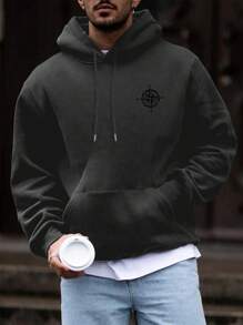 Men's Casual Mysterious Compass & Wing Print Loose Fit Drawstring Hoodie Sweatshirt, Autumn/Winter