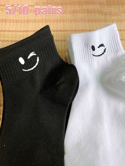 1/5/10双装 女士/情侣纯色可爱表情个性化多功能短袜，隐形袜，适合日常、节日、户外活动穿着，圣诞礼物