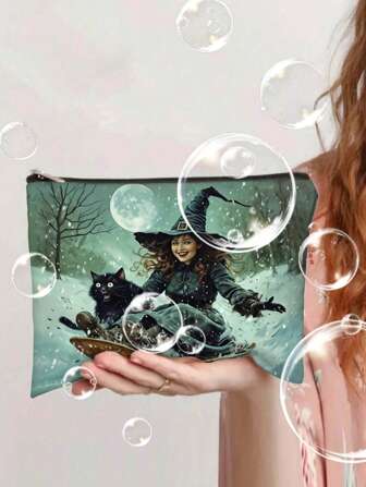 Charming Snow Witch & Cat Skiing Makeup Bag - Durable, Non-Fading Zipper Pouch, Lightweight & Foldable, Double-Sided Print, Large Capacity, Ideal For Travel & Daily Use, Perfect Gift For Women, For Halloween