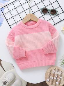 Contrast Color Round Neck Long Sleeve Casual Minimalist Pullover Sweater, Classic Fashion Baby Girl Tops - Pink - View 1