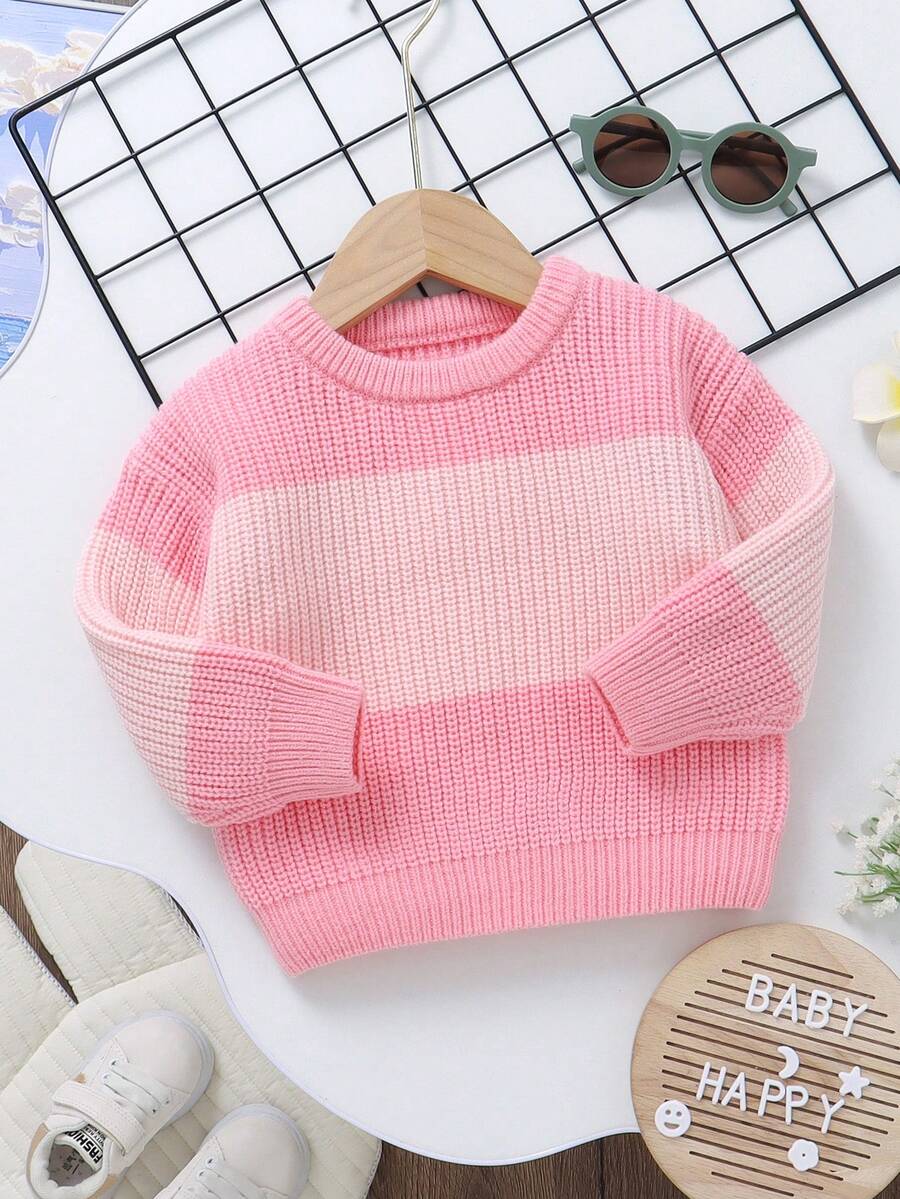 Contrast Color Round Neck Long Sleeve Casual Minimalist Pullover Sweater, Classic Fashion Baby Girl Tops - Pink - View 1