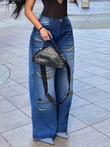 Women's Jeans, Y2K Style Women's Wear, Fashionable Casual Loose Jeans, Straight-Leg Jeans, Suitable For All Seasons, Perforated And Decorated, Simple And Full Of Street Style, Suitable For Going Out, Cocktail Parties, Parties, Christmas, Nightclubs, Banquets, Film Festivals, Cinemas, Balls, Cocktail Parties, Weddings, Graduation Ceremonies, Back-To-School, Birthday Parties, Rebellious Girls Festival-Themed Parties, Outdoor Outfits, Streetwear, Fashion Shows, Dates,Pantalón Jean Mujer,Women Clothes,Jeans Para Mujer,Pantalones De Mujer Jean,Ropa De Mujer,Tall Jeans Women,Y2k Clothes,Going Out Outfits,Holiday Outfits For Women,Vacation Outfits Women,Club Outfits For Women,New Years Outfit Women,Holiday Outfits For Women - 中等水洗藍 - 查看 2