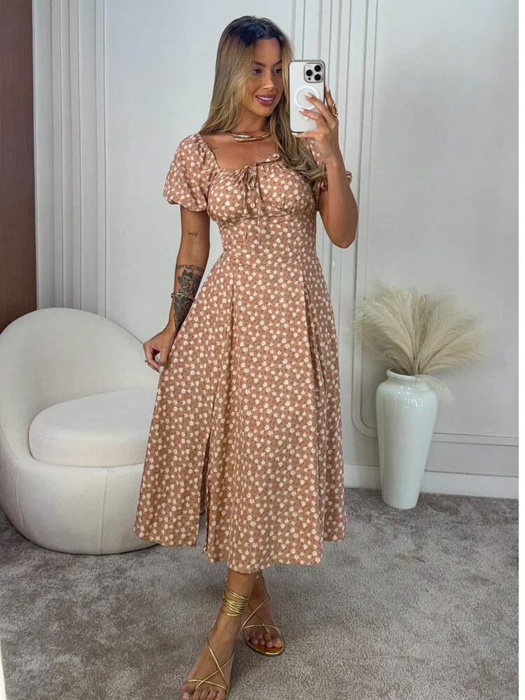 Women's Floral Midi Dress With Short Sleeves, Elastex Lined, Crossed Back, Vescolinho Fabric - 深米色 - 查看 2