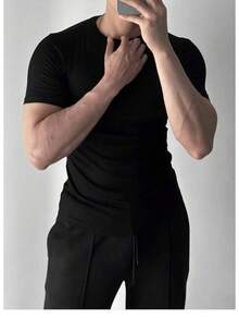 Men's Ribbed American Style T-Shirt..SLIM FIT MODEL - Negro - Ver 2