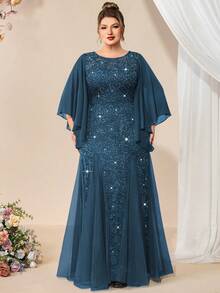 优雅蝴蝶袖雪纺花卉亮片蕾丝撞色网纱鱼尾下摆晚礼服，高贵典雅的正式舞会礼服，婚礼宾客礼服，适合情人节、生日、毕业典礼、宴会、节日及其他场合的春季派对。 - 霧霾藍 - 查看 5