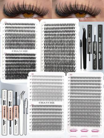 CMAYOME 640套D型卷翘假睫毛（10D、20D、30D、40D、50D、60D、80D、100D），睫毛轻盈浓密（长度10至16毫米），与真睫毛融合度不同。轻盈防水睫毛簇套装，睫毛，睫毛，假睫毛