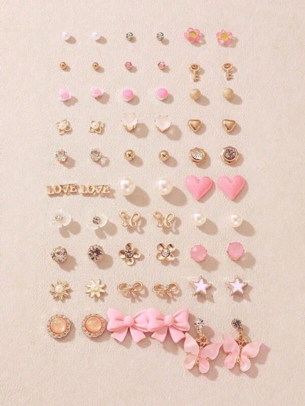 30 Pairs Assorted Colorful Cute Pink Butterfly & Heart Stud Earrings Set, Sweet Style Earrings Jewelry For Girls