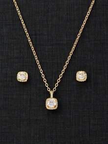 1pc Sparkling Zirconia Pendant Necklace & 2pcs Earrings Jewelry Set, Party & Engagement Gift For Women - Yellow Gold - View 1