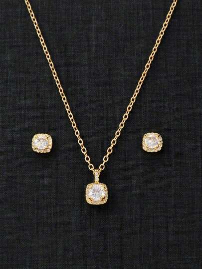 1pc Sparkling Zirconia Pendant Necklace & 2pcs Earrings Jewelry Set, Party & Engagement Gift For Women