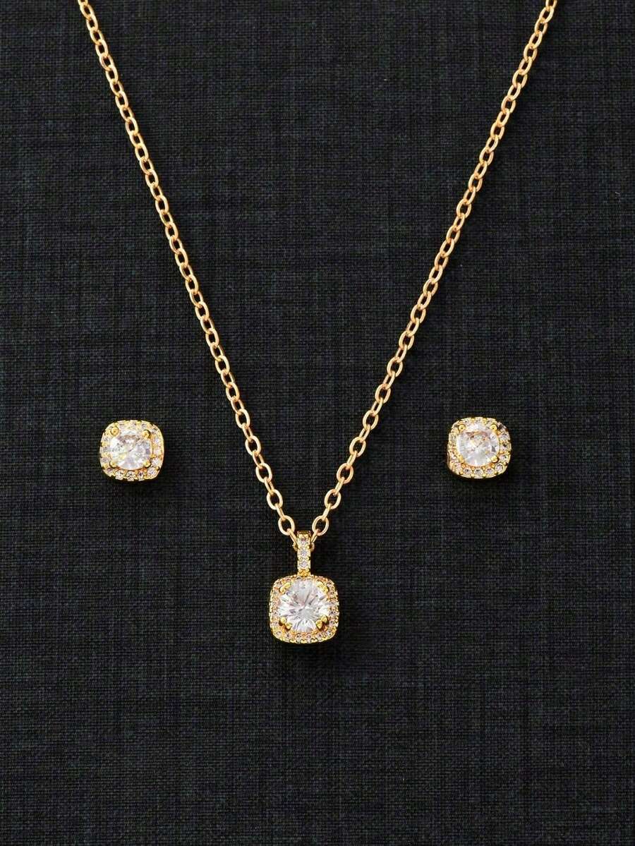 1pc Sparkling Zirconia Pendant Necklace & 2pcs Earrings Jewelry Set, Party & Engagement Gift For Women - Yellow Gold - View 1