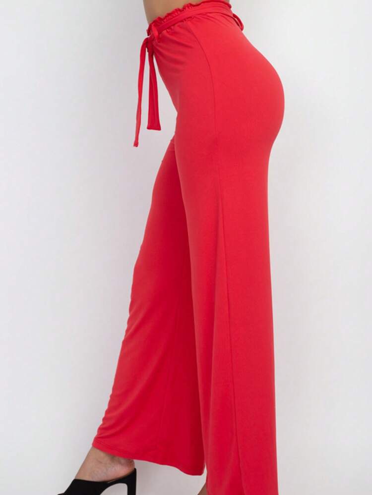 Pantalones anchos básicos informales de color liso con lazo para mujer, primavera, verano y otoño - Fiery Red - Añade 4