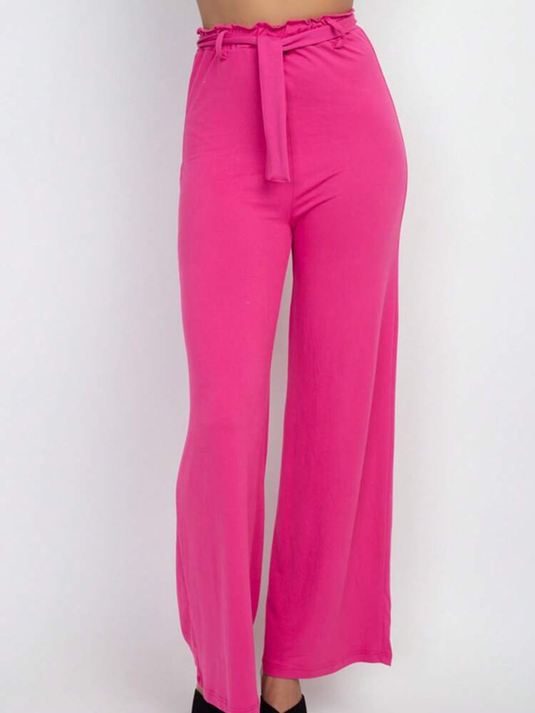 Pantalones anchos básicos informales de color liso con lazo para mujer, primavera, verano y otoño - Fucsia - Añade 2