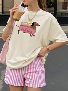 Camiseta de mujer de verano blusa oversize de manga corta con estampado perro salchicha ideal para el tiempo libre y las vacaciones en la playa - Beis - Ver 1