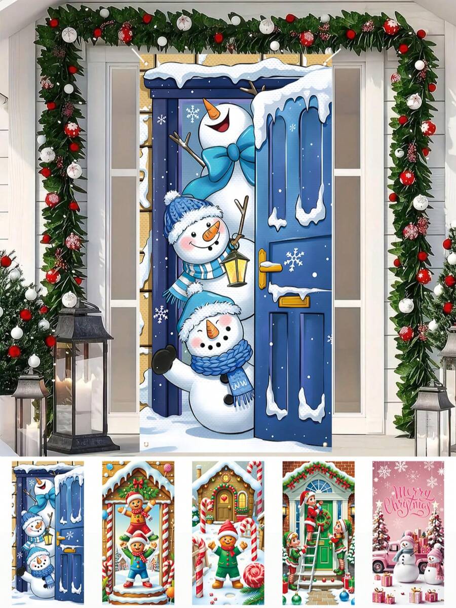 1pc Winter Snowman Blue Door Decor Set, Pine Tree Lantern Snowflake Front Door Hanging Banner Background, Christmas Seasonal Indoor Outdoor Home Decor, Christmas Decoration, Made Of Polyester, Suitable For Christmas Party Decor, Holiday Party Supplies, Photo Prop, New Year, Christmas Christmas Decorations Room Decor - Multicolor - View 1