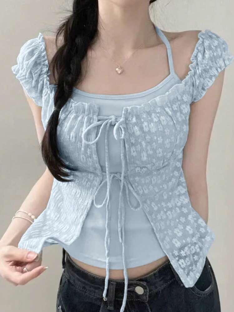 Chiffon Blouse Women Summer Korean Design Unique Lace Ditsy Floral 2 In 1 Halter Crop Short Sleeve Top - Blue - View 2