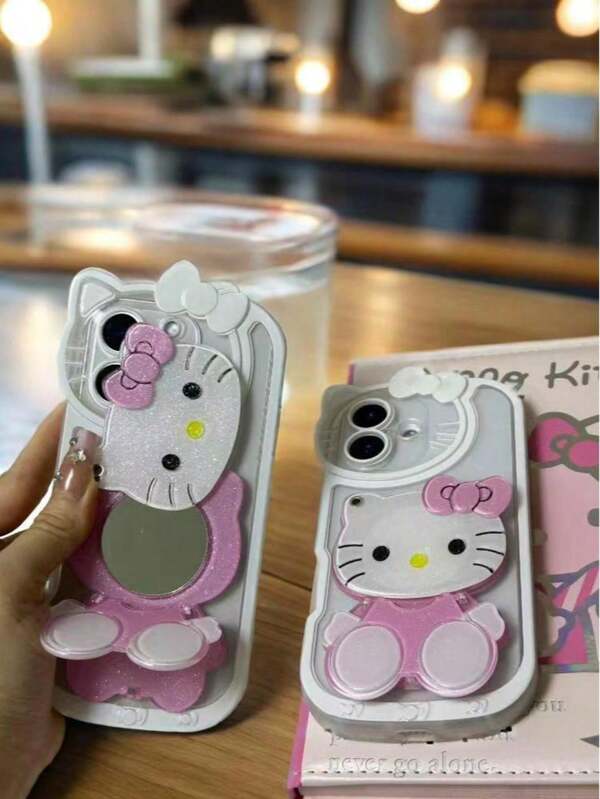 Sanrio 1pc Delicate Hello Kitty 3D Makeup Mirror Phone Case With Foldable Stand, Shockproof/Decorative Multifunctional Fashionable Phone Case, Suitable As A Surprise Gift For Lovers, Classmates, Roommates, Best Friends, Compatible With IPhone11/11pro/11promax/12/12promax/13/13pro Max/14/14Plus/15/15pro/15ProMax/IPhone16/IPhoneXS Max/IPhoneXR, IPhone17 Series (Note: The Mirror Needs To Be Pasted On The Phone Case By Yourself)
