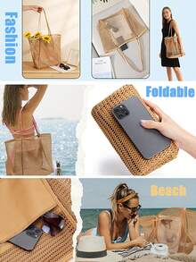 大容量可折叠网眼游泳包带口袋，沙滩网袋透明手提包挖沙袋适合海边度假，沐浴游泳洗漱用品收纳袋，网眼手提包学校手提包适合少女度假、假日、购物 - 卡其色 - 查看 6