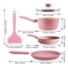 ABKOK 1 pieza/2 piezas/3 piezas/5 piezas Juego de utensilios de cocina mini de aluminio rosa, sartén antiadherente, cacerola, sartén para panqueques, olla para leche con espátula de silicona, lindo y compacto, requiere ensamblaje, disponible como olla individual o juego