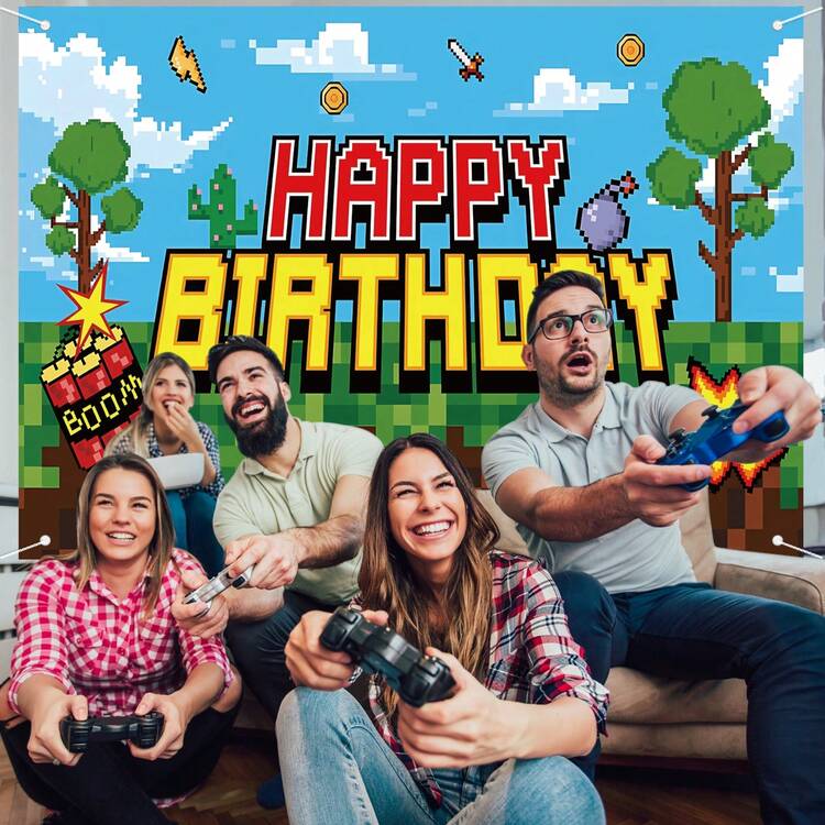 像素生日派对装饰采矿视频游戏背景矿工主题摄影背景横幅用于矿山生日派对装饰用品回礼 - 彩色 - 查看 5