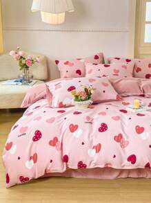 2/3件套浪漫爱情主题提花床上用品套装，超柔软，男女皆宜，学生宿舍理想之选，甜美可爱，水洗磨毛被套和枕套套装，春夏款，可选单人/双人/特大号尺寸