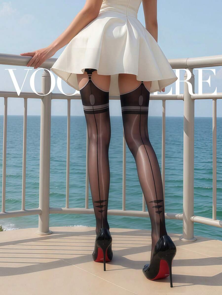 VOGEL VERE 女士闪亮大腿袜 - 透明尼龙袜，背部有垂直线条，打造性感、时尚的外观 - 轻盈舒适，无吊袜带 - 适合日常穿着、派对、俱乐部服装或浪漫约会 - 引人注目的复古光泽