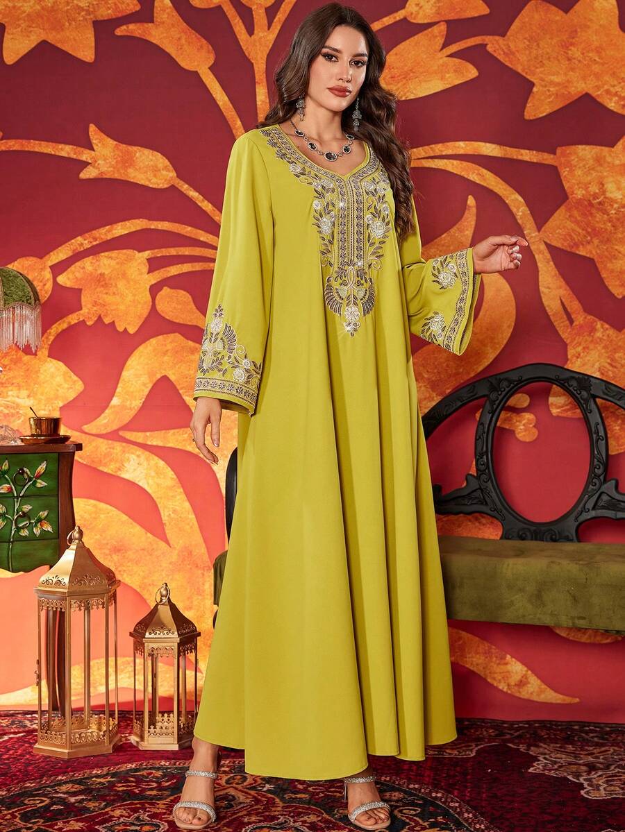 Women's Sweetheart Neck Heavily Embroidered & Beaded Elegant Arabic Style Dress - Yellow - View 1
