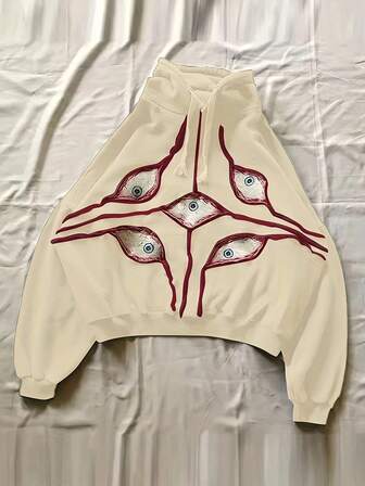 Eye & Letter Print Drawstring Hoodie Sweatshirt With Zipper Pocket