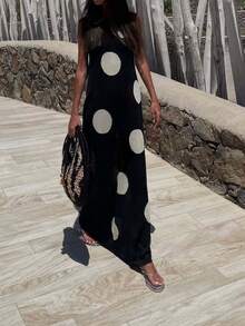 Vivid Style Women's Fashionable Sleeveless Polka Dot Knit Dress, Elegant And Slimming, Suitable For Christmas, New Year And Various Occasions