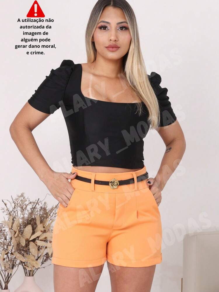 Women's Tailored Shorts High Waist With Golden Flower Belt And Pockets Summer Fashion From S To G3 Plus Size - 橘色 - 查看 3