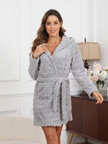 Furry Hooded Waist Tie Casual Sleepwear Fluffy Robe, Fall Winter, Cozy Outfits - Grey - View 7