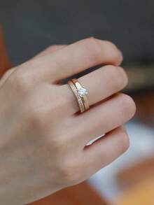 Pair Of 3mm Beveled Wedding Rings, 18k Gold Plated, 925 Silver Solitaire - 金色 - 查看 1