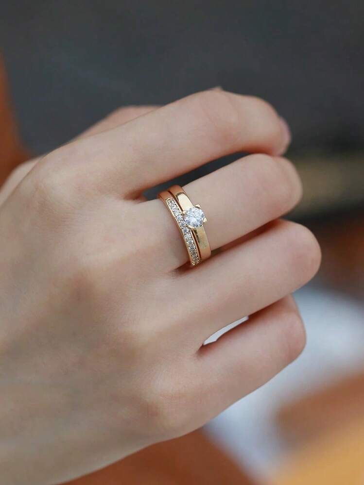Pair Of 3mm Beveled Wedding Rings, 18k Gold Plated, 925 Silver Solitaire - 金色 - 查看 1