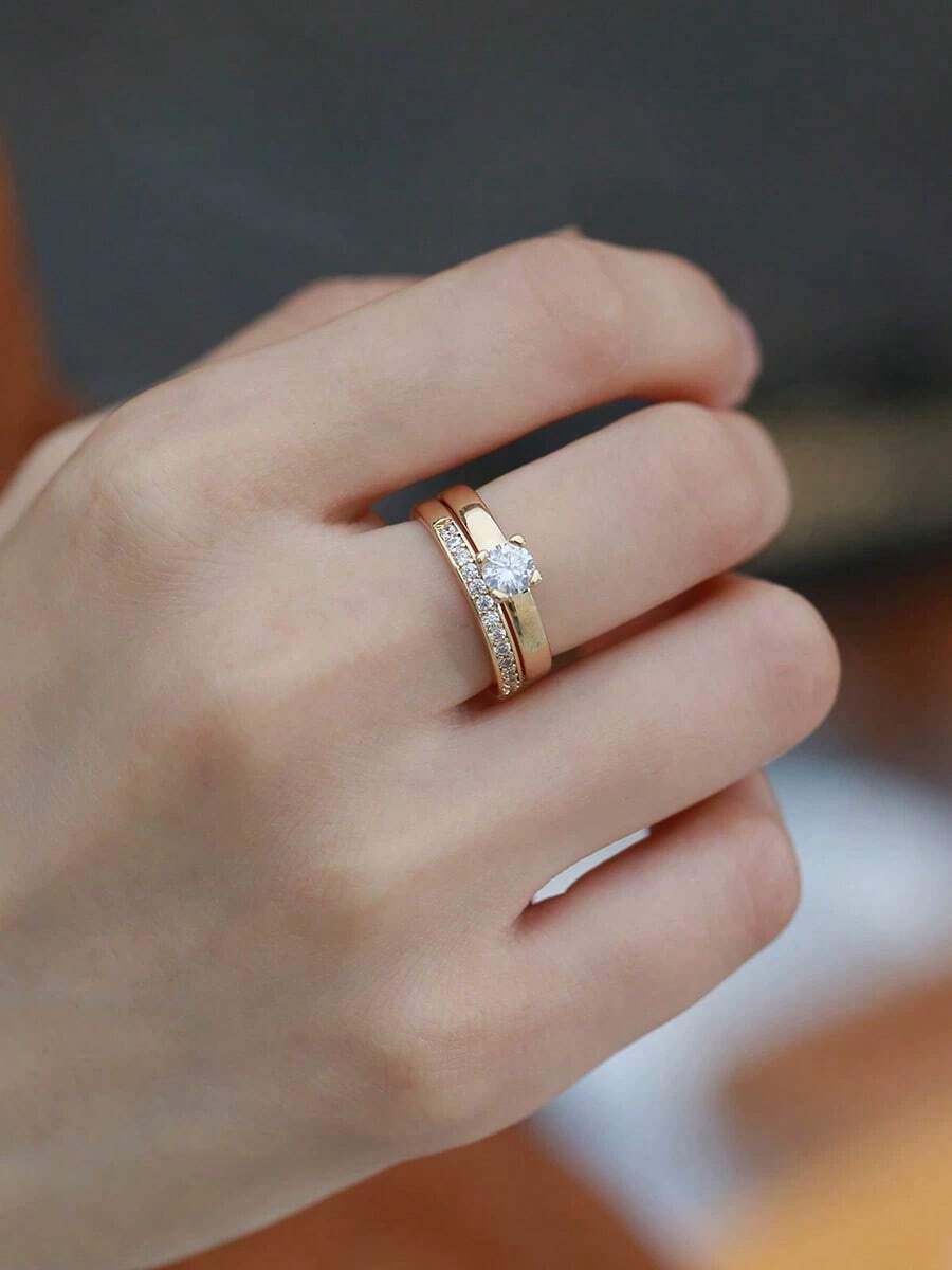 Pair Of 3mm Beveled Wedding Rings, 18k Gold Plated, 925 Silver Solitaire - 金色 - 查看 1