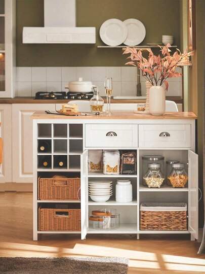 SoBuy KNL05 W, Kitchen Isl Cabinet Cupboard Sideboard Rattan Baskets, Breakfast Dining Bar Tafel