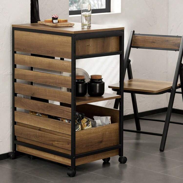 SoBuy FKW118-PF, Industrial Vintage Style Kitchen Trolley Cart Kitchen Storage Trolley Serving Trolley With Mobile Storage Chest - Brown - View 6