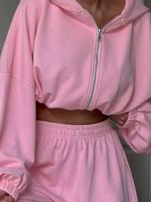 2 pezzi Set sportivo da donna, composto da top con cappuccio con zip e maniche lunghe in colore unito e pantaloni con elastico in vita e tasche, adatto per l'autunno/inverno - Rosa - Visualizzare 5