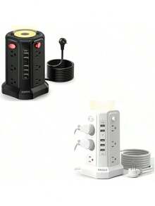 PASSUS Surge Protector Power Panel Tower With 5 USB Ports And Night Light, 10ft Extension Cord With 12 AC Multi-Outlets, PASSUS Power Tower, Home Office Dorm Room Overload Protection (2 Packs - White + Black)