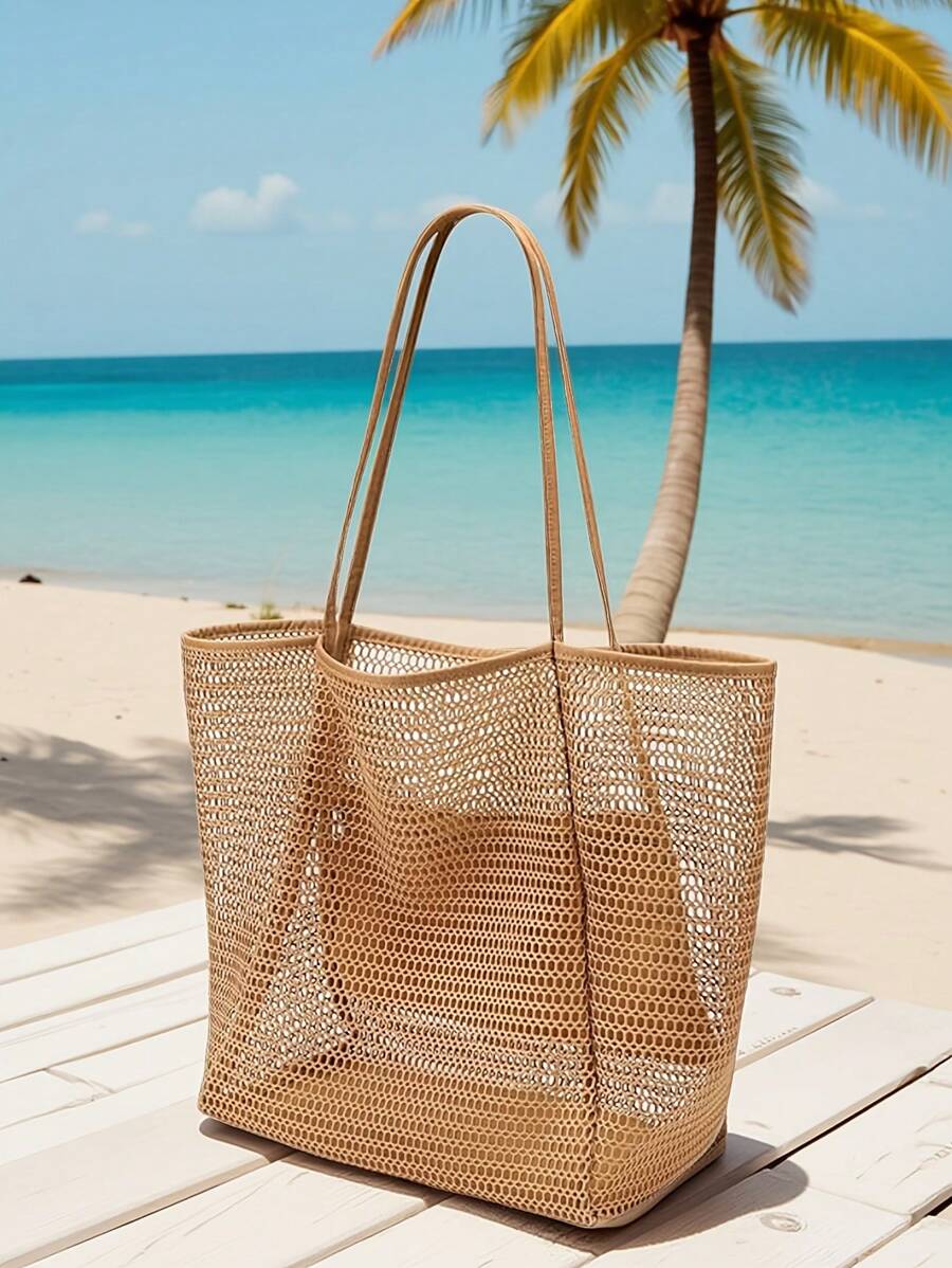 大容量可折叠网眼游泳包带口袋，沙滩网袋透明手提包挖沙袋适合海边度假，沐浴游泳洗漱用品收纳袋，网眼手提包学校手提包适合少女度假、假日、购物 - 卡其色 - 查看 1